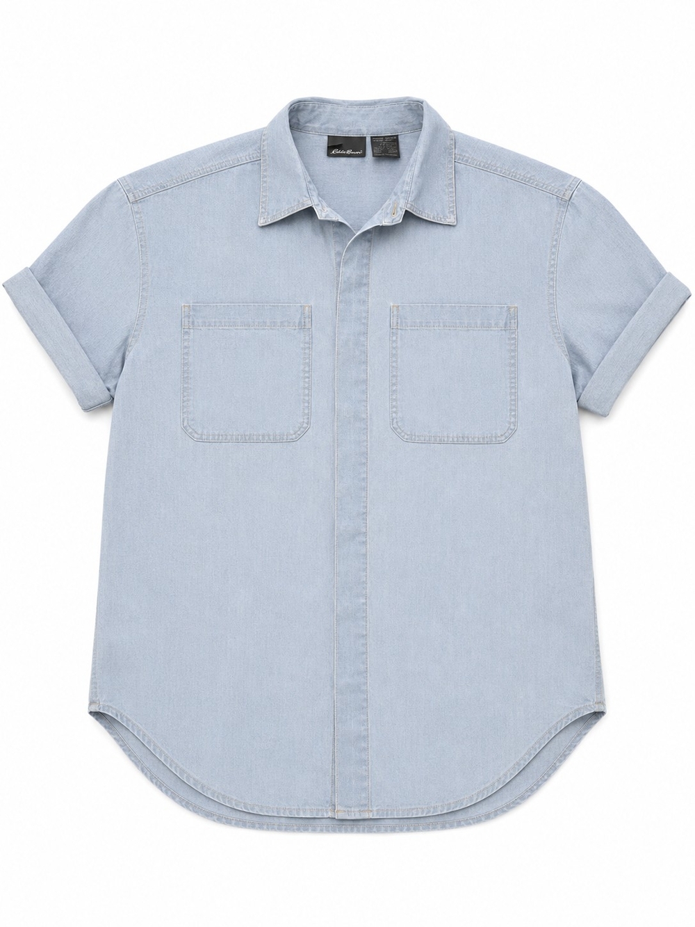 Liz Wear Light Blue Short-Sleeve Denim Shirt, Size Medium